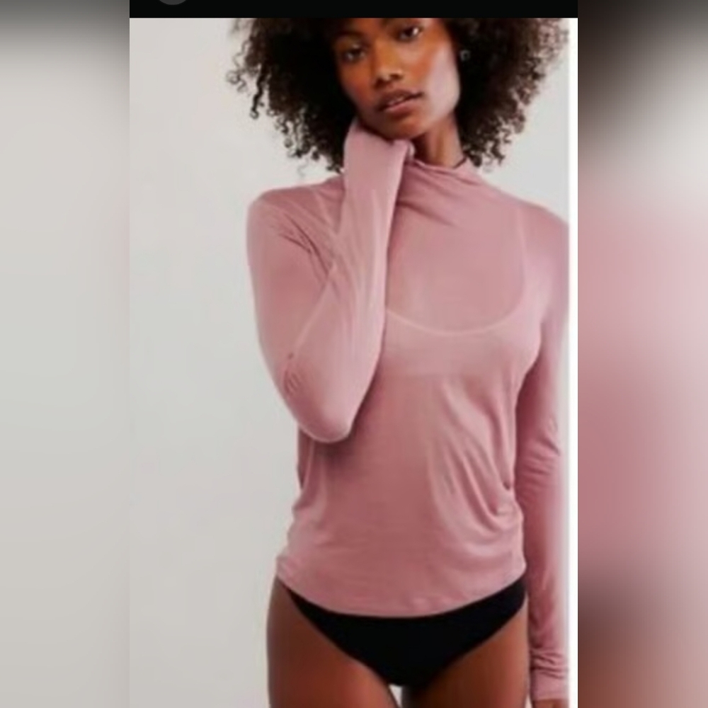 Free People Intimately Blush Mauve Pink Long Sleeve Turtle Neck Sheer Chemise